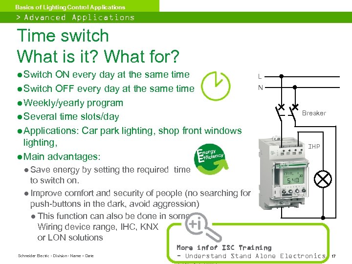 Basics of Lighting Control Applications > Advanced Applications Time switch What is it? What