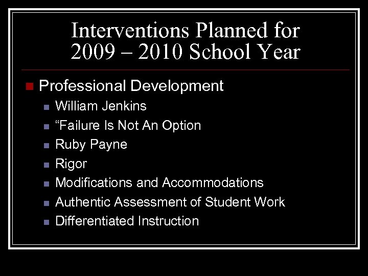 Interventions Planned for 2009 – 2010 School Year n Professional Development n n n