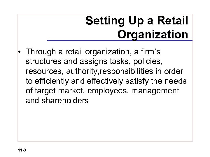 Setting Up a Retail Organization • Through a retail organization, a firm’s structures and