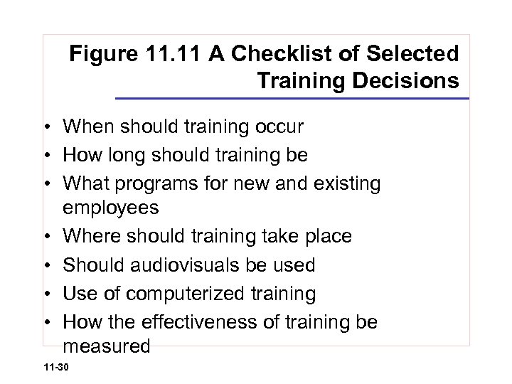 Figure 11. 11 A Checklist of Selected Training Decisions • When should training occur