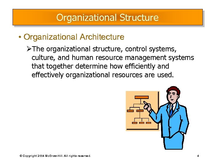 Organizational Structure • Organizational Architecture ØThe organizational structure, control systems, culture, and human resource