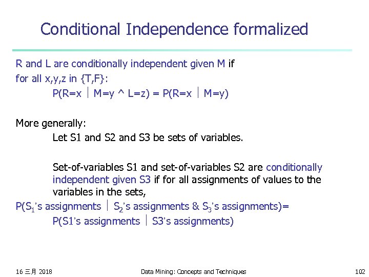 Conditional Independence formalized R and L are conditionally independent given M if for all