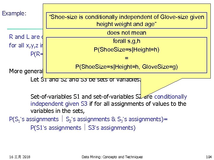 Example: “Shoe-size is conditionally independent of Glove-size given height weight and age” does not