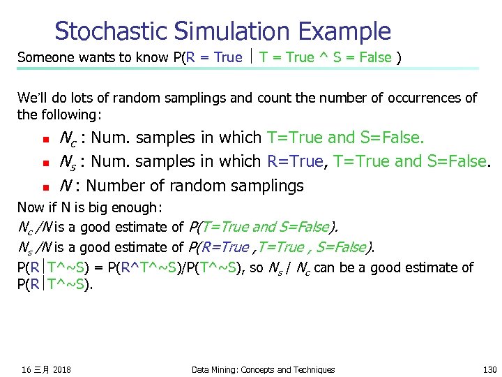 Stochastic Simulation Example Someone wants to know P(R = True T = True ^
