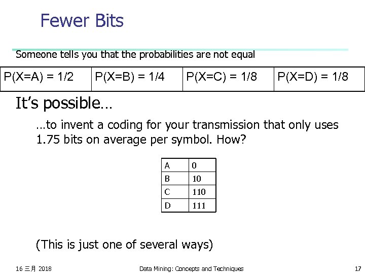 Fewer Bits Someone tells you that the probabilities are not equal P(X=A) = 1/2