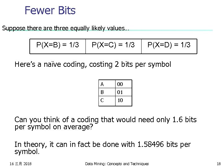 Fewer Bits Suppose there are three equally likely values… P(X=B) = 1/3 P(X=C) =