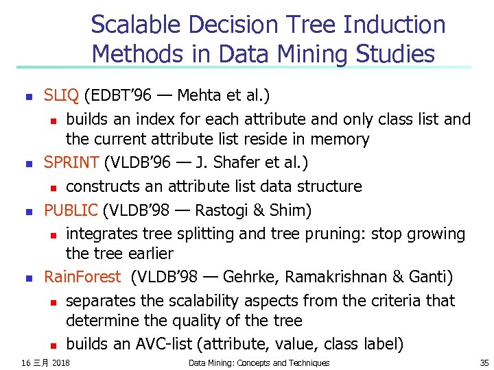 Scalable Decision Tree Induction Methods in Data Mining Studies n n SLIQ (EDBT’ 96