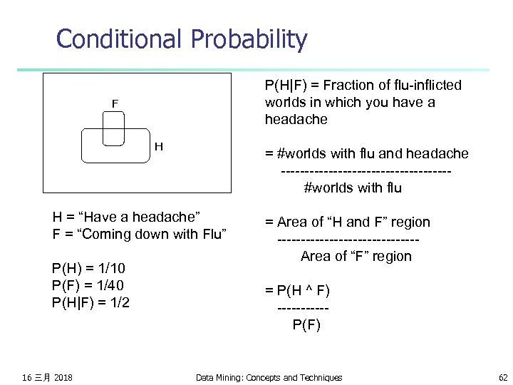 Conditional Probability P(H|F) = Fraction of flu-inflicted worlds in which you have a headache