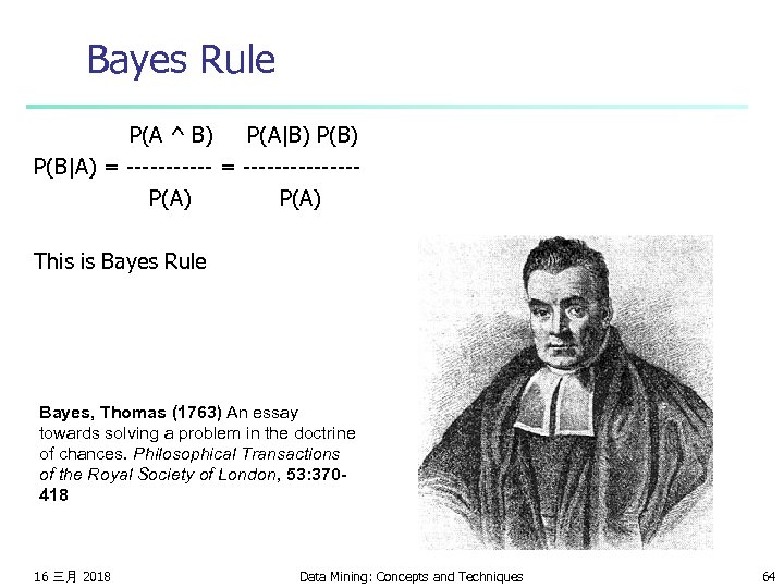 Bayes Rule P(A ^ B) P(A|B) P(B|A) = -------------- P(A) This is Bayes Rule