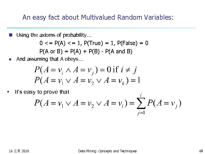 An easy fact about Multivalued Random Variables: n Using the axioms of probability… 0