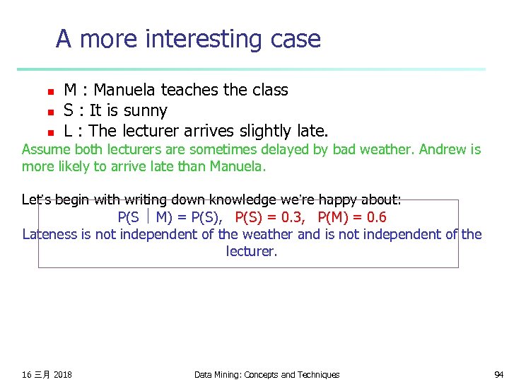 A more interesting case n n n M : Manuela teaches the class S