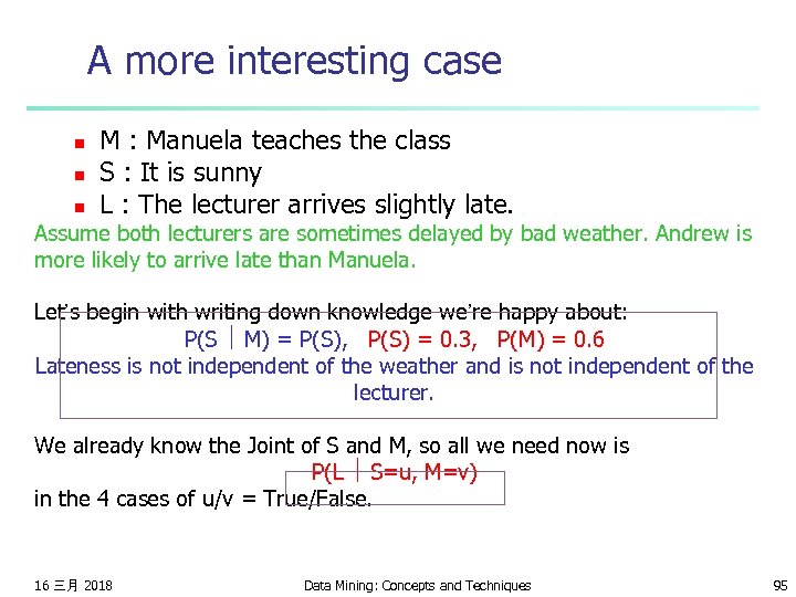 A more interesting case n n n M : Manuela teaches the class S