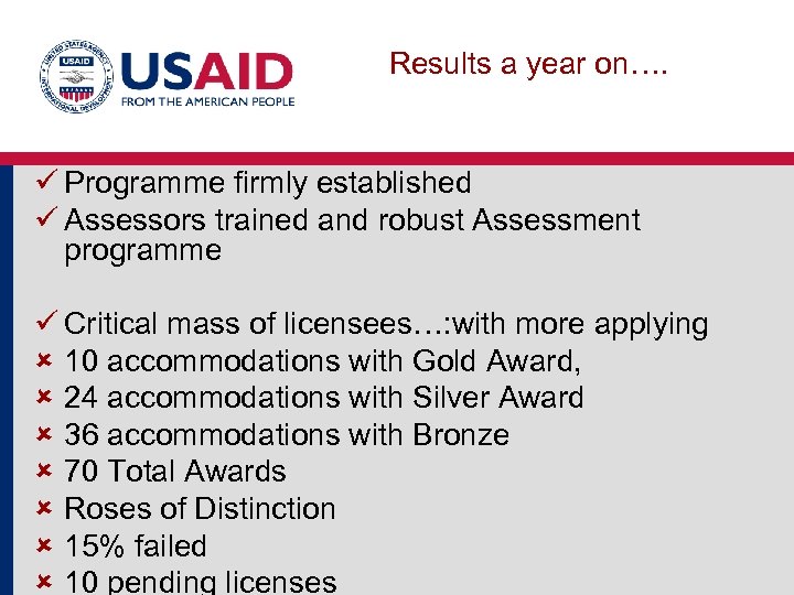 Results a year on…. ü Programme firmly established ü Assessors trained and robust Assessment