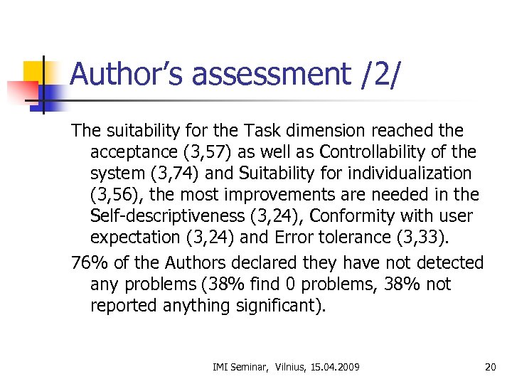 Author’s assessment /2/ The suitability for the Task dimension reached the acceptance (3, 57)