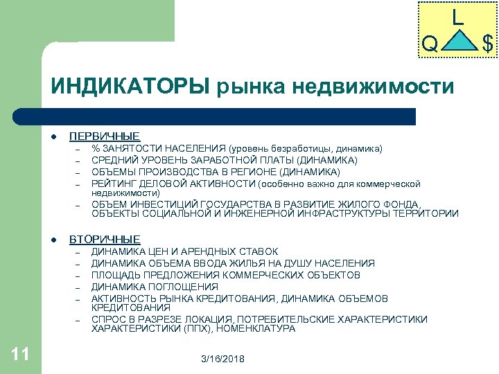 L Q ИНДИКАТОРЫ рынка недвижимости l ПЕРВИЧНЫЕ – – – l ВТОРИЧНЫЕ – –