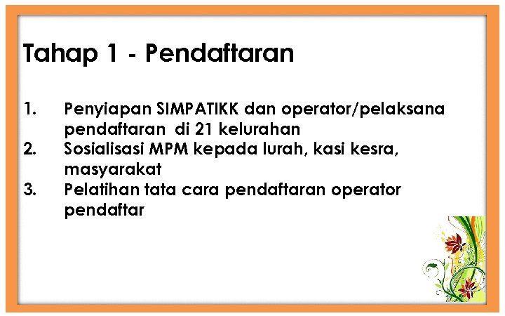 Tahap 1 - Pendaftaran 1. 2. 3. Penyiapan SIMPATIKK dan operator/pelaksana pendaftaran di 21