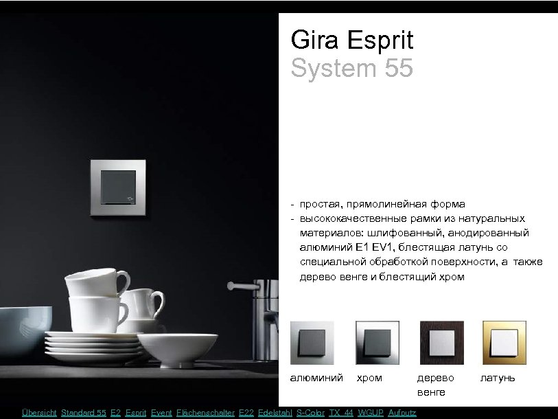 Gira Esprit System 55 - простая, прямолинейная форма - высококачественные рамки из натуральных материалов: