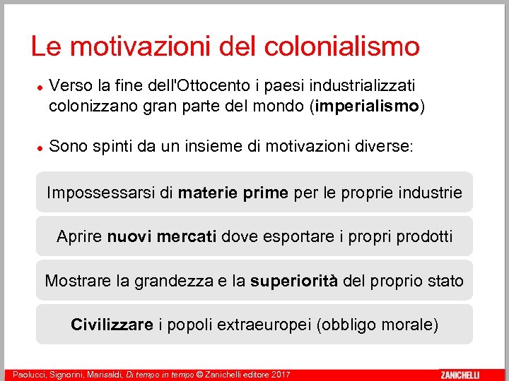 Le motivazioni del colonialismo Verso la fine dell'Ottocento i paesi industrializzati colonizzano gran parte