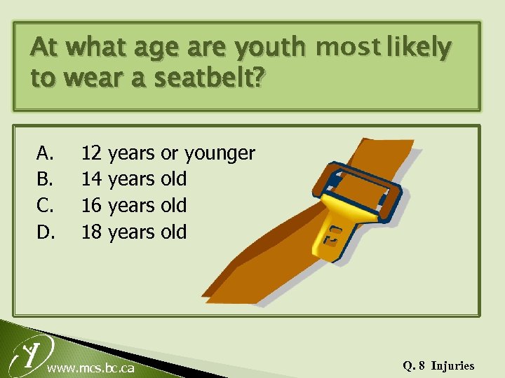 At what age are youth most likely to wear a seatbelt? A. B. C.