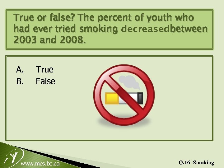 True or false? The percent of youth who had ever tried smoking decreasedbetween 2003