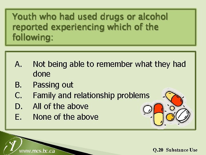 Youth who had used drugs or alcohol reported experiencing which of the following: A.