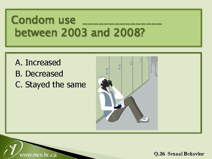 Condom use ________ between 2003 and 2008? A. Increased B. Decreased C. Stayed the