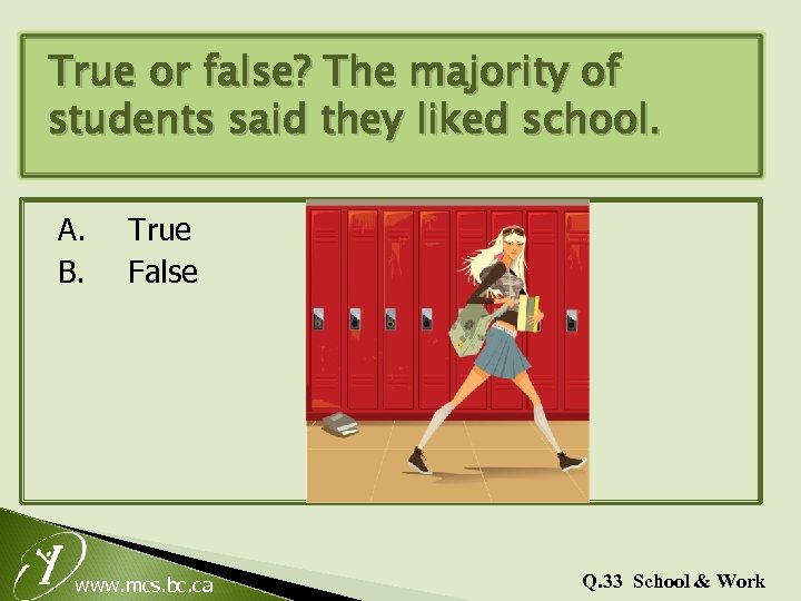 True or false? The majority of students said they liked school. A. B. True