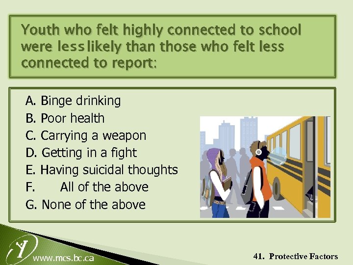 Youth who felt highly connected to school were less likely than those who felt