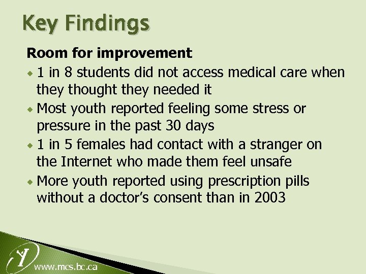 Key Findings Room for improvement ® 1 in 8 students did not access medical