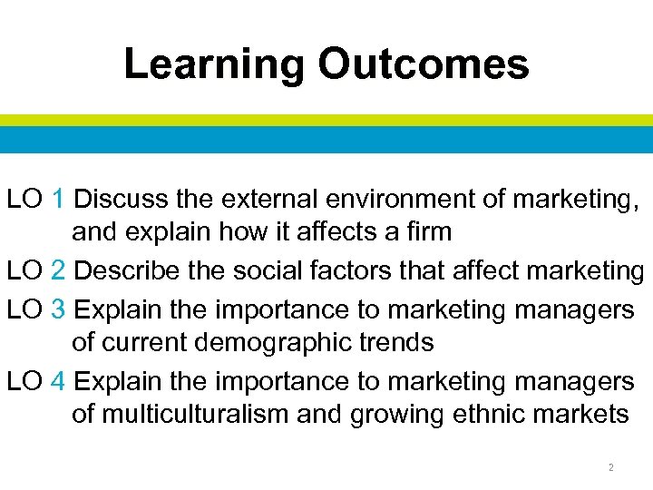 Learning Outcomes LO 1 Discuss the external environment of marketing, and explain how it