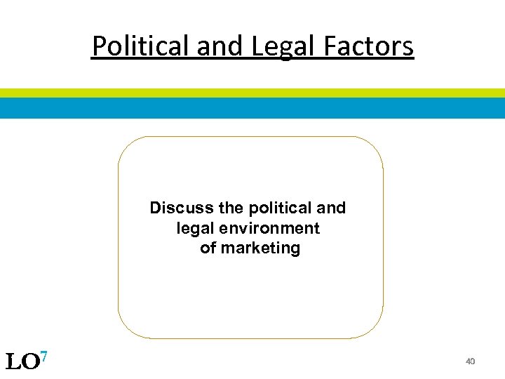 Political and Legal Factors Discuss the political and legal environment of marketing LO 7