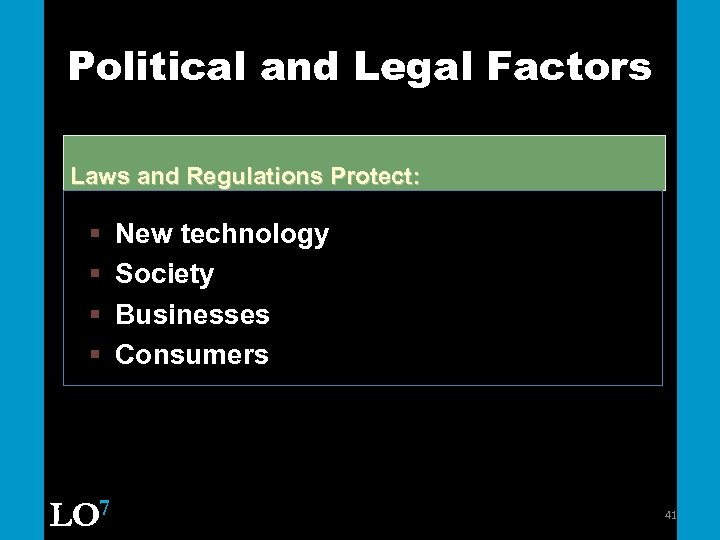 Political and Legal Factors Laws and Regulations Protect: § § LO 7 New technology
