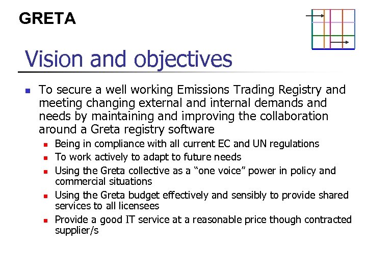 GRETA Vision and objectives n To secure a well working Emissions Trading Registry and