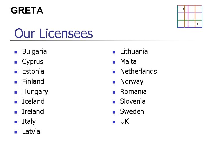 GRETA Our Licensees n n n n n Bulgaria Cyprus Estonia Finland Hungary Iceland