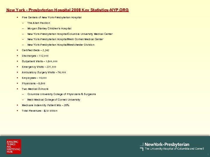 New York - Presbyterian Hospital 2008 Key Statistics-NYP. ORG § Five Centers of New