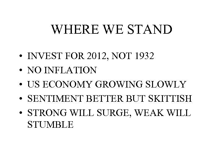WHERE WE STAND • • • INVEST FOR 2012, NOT 1932 NO INFLATION US