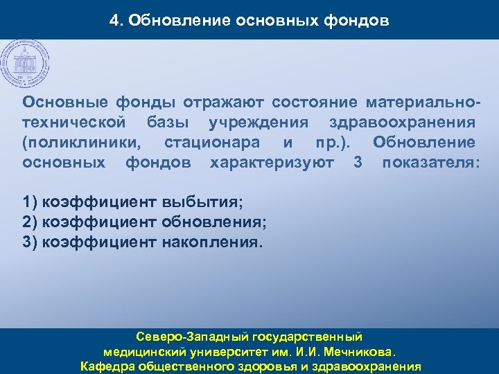 4. Обновление основных фондов Основные фонды отражают состояние материальнотехнической базы учреждения здравоохранения (поликлиники, стационара