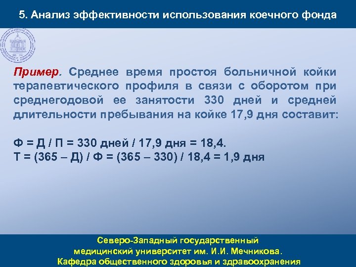 5. Анализ эффективности использования коечного фонда Пример. Среднее время простоя больничной койки терапевтического профиля