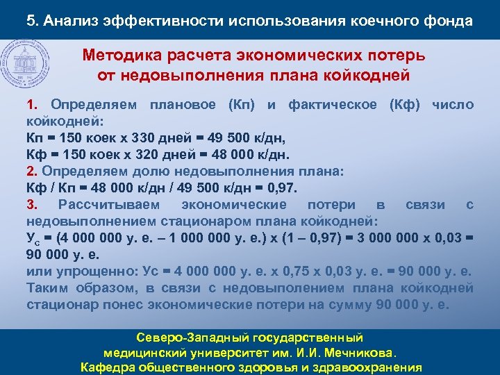 5. Анализ эффективности использования коечного фонда Методика расчета экономических потерь от недовыполнения плана койкодней