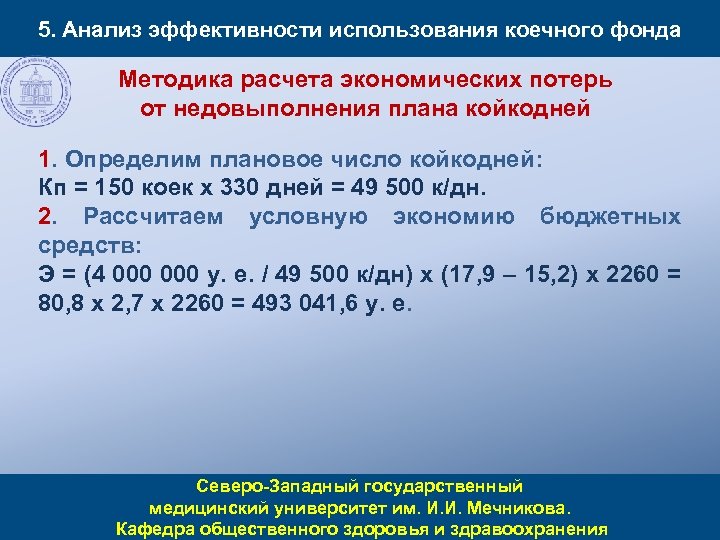 5. Анализ эффективности использования коечного фонда Методика расчета экономических потерь от недовыполнения плана койкодней