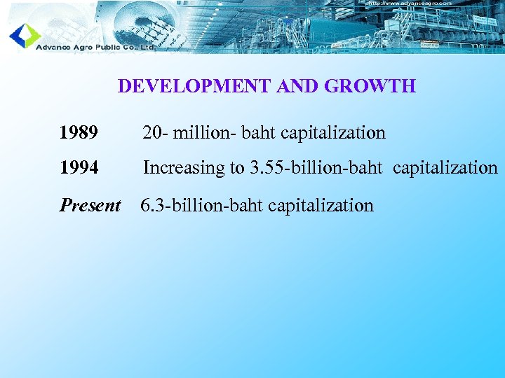 DEVELOPMENT AND GROWTH 1989 20 - million- baht capitalization 1994 Increasing to 3. 55