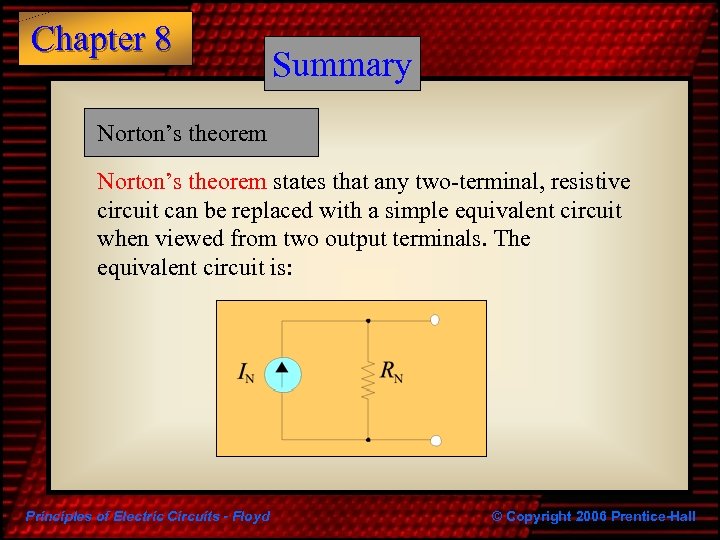 Chapter 8 Summary Norton’s theorem states that any two-terminal, resistive circuit can be replaced