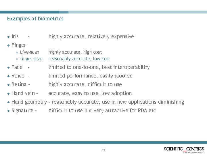 Examples of biometrics l Iris l Finger l l Live-scan finger scan - highly