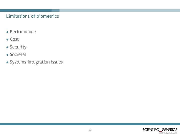 Limitations of biometrics l Performance l Cost l Security l Societal l Systems integration