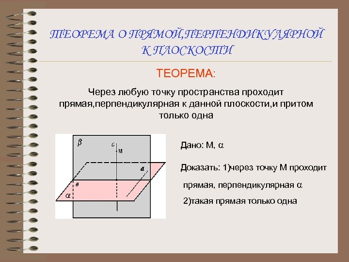 ТЕОРЕМА О ПРЯМОЙ, ПЕРПЕНДИКУЛЯРНОЙ К ПЛОСКОСТИ ТЕОРЕМА: Через любую точку пространства проходит прямая, перпендикулярная