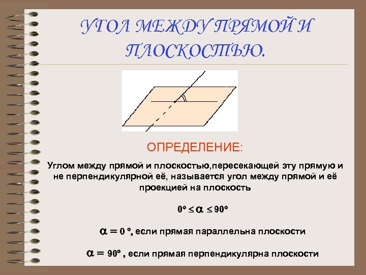 УГОЛ МЕЖДУ ПРЯМОЙ И ПЛОСКОСТЬЮ. ОПРЕДЕЛЕНИЕ: Углом между прямой и плоскостью, пересекающей эту прямую