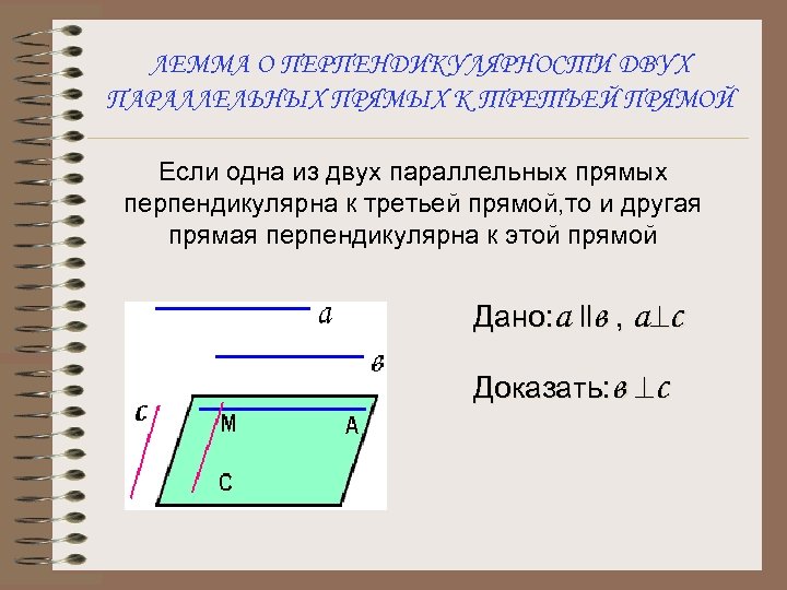 ЛЕММА О ПЕРПЕНДИКУЛЯРНОСТИ ДВУХ ПАРАЛЛЕЛЬНЫХ ПРЯМЫХ К ТРЕТЬЕЙ ПРЯМОЙ Если одна из двух параллельных