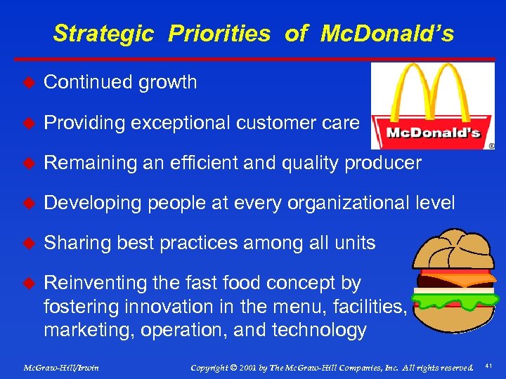 Strategic Priorities of Mc. Donald’s u Continued growth u Providing exceptional customer care u