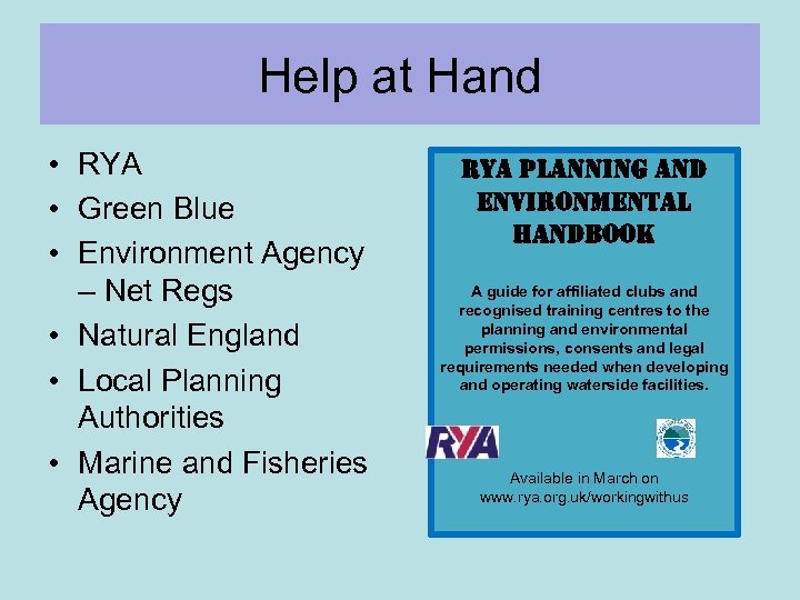 Help at Hand • RYA • Green Blue • Environment Agency – Net Regs