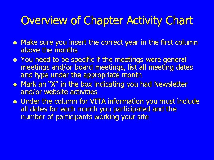 Overview of Chapter Activity Chart Make sure you insert the correct year in the